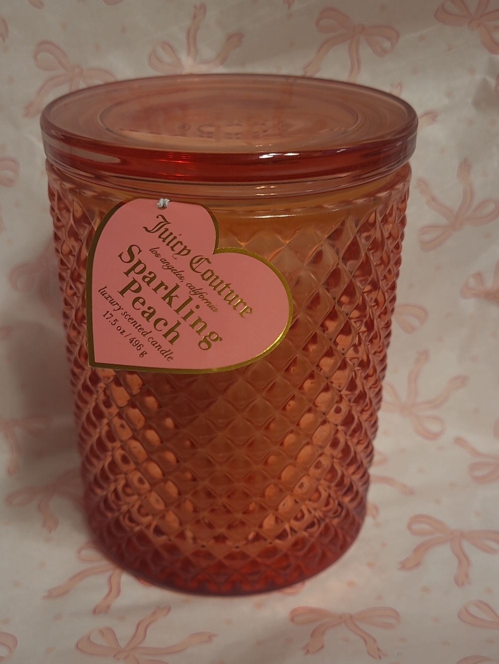 Juicy Couture Sparkling Peach Textured Pink-Orange Glass Candle Jar